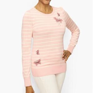 Talbots Embroidered Butterfly Crew Neck Sweater Pink Stripe Sz Medium Petite